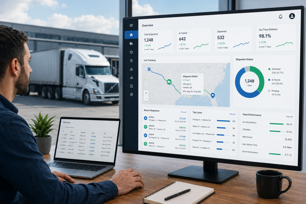 Logistics manager monitoring shipment tracking, fleet performance, and transportation analytics on a logistics SaaS dashboard with a freight truck in the background.
