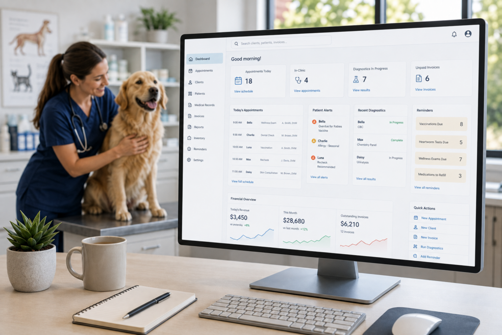Veterinarian using veterinary practice management software to manage appointments, diagnostics, patient records, and clinic operations while caring for a dog.