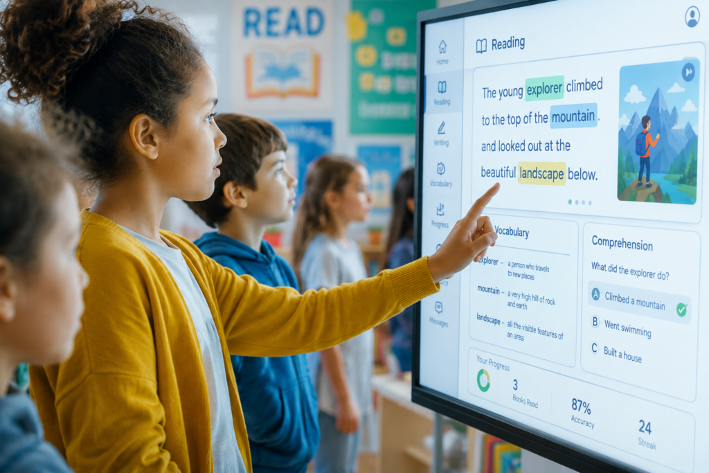 Elementary students interacting with a digital literacy learning platform on an interactive classroom display during a reading lesson.